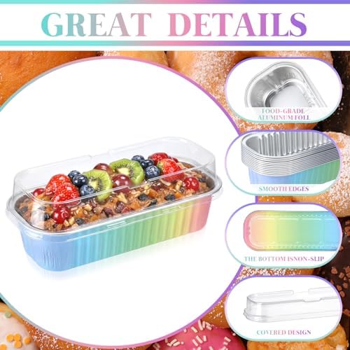 Qunclay 200 Pcs Aluminum Foil Mini Loaf Pans with Lids 6.8 oz Disposable Mini Cake Pan with Lid Rectangle Baking Cups for Party Muffin Cheesecake Ramekins(Rainbow) - Image 3