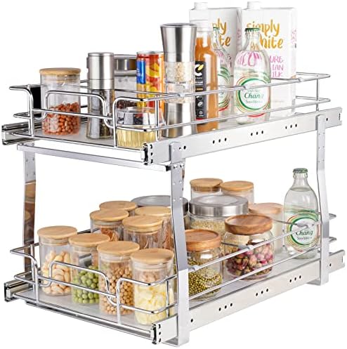 VEVOR Pull Out Cabinet Organizer, 14" Wx21.2 Dx15.2 H Heavy 2 Tier Duty Slide Out Pantry Shelves, Chrome-Plated Steel Roll Out Drawer for Under Sink, 15.5" Wx22.5 Dx19 H Install Size for Cabinet by VEVOR
