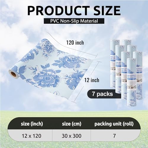FIFTY FEET 12X120 Inch Shelf Liner for Kitchen Cabinets, PVC Drawer Liner for Dresser Non-Slip Bathroom, Non-Adhesive Cabinet Liner Washable (Blue Flower)(7 Roll) - Image 3