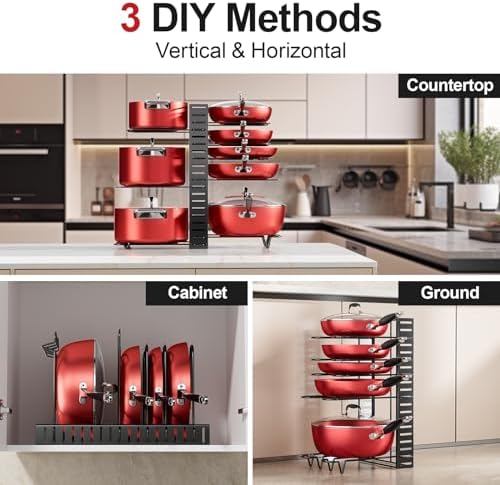 MUDEELA 8-Tier Pots and Pans Organizer under Cabinet, 16.61" Height Light Duty Pot and Pan Organizer Kitchen Cabinet Organization and Storage, Adjustable Pot Rack with 3 DIY Methods for Lids, Bakeware - Image 3