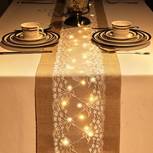 Xinnun 6 Pcs Burlap Table Runner with Lights 12 x 108 Inches Burlap Lace Table Runner Rustic Wedding Decorations Home Party (Vine) - Image 3