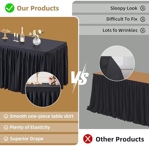 PARTISKY 1 Pack Black Tablecloths for Rectangle Tables 6ft, Wrinkle Resistant Black Table Cover Fitted Stretch Table Cloth with Pleated Ruffle Skirts for Party Banquet Dining Birthday Wedding - Image 2