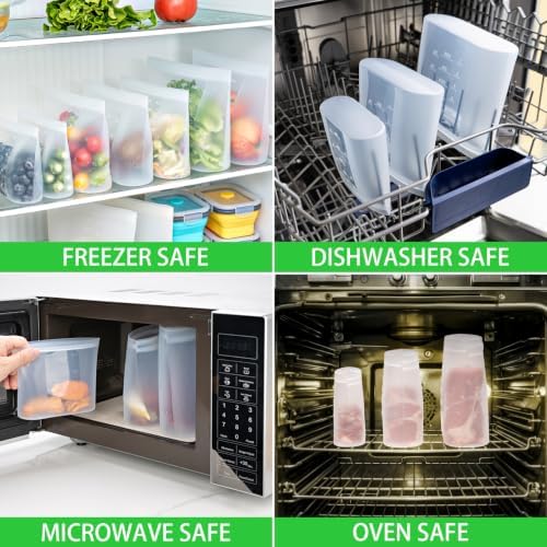 100% Platinum Silicone Reusable Storage Bags, 12 Pack, Premium Silicone Food Storage Bag Stand-Up Wide-Mouth Zip-Lock, Microwave Dishwasher Safe, 4 M + 4 S + 4 XS, Crystal-Clear - Image 7