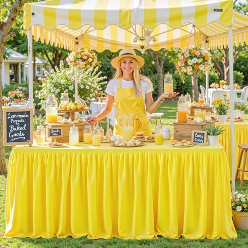 Wish Care Yellow Table Clothes for Rectangle Tables 6ft, Wrinkle Resistant Fitted Table Cloth with Pleated Ruffle Skirts for Banquet Wedding Baby Shower Folding Tables - Image 3