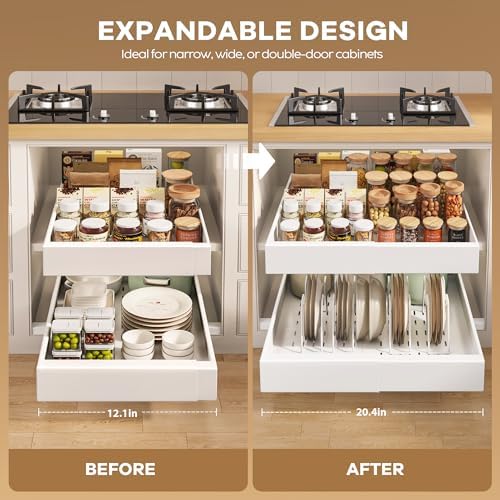 Seinloes 2Pack Pull out Cabinet Organizer 21"Deep with 4 Adjustable Dividers,Expandable（12.1"-20.4"W） Pots and Pans Organizer Under Cabinet with Raising Pad for Framed Cabinets,Slide out Drawers,White - Image 4