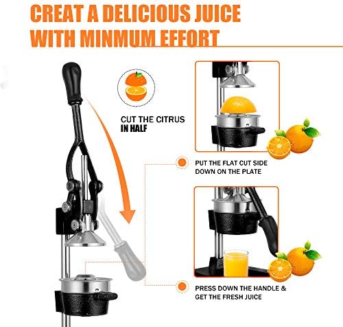 Commercial Heavy Duty Cast Iron Hand Press Manual Orange Citrus Lemon Lime Grapefruit Pomegranate Fruit Juice Squeezer Machine with Stainless Steel Cup Black - Image 5