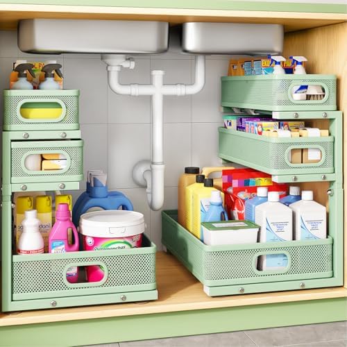Kitstorack Under Sink Organizer, 2-Pack 3-Tier Height Adjustable Thickened Metal Pull out Cabinet Organizer Shelf, Slide out Storage Drawer Rack for Bathroom Kitchen Pantry Home Organization, Green by Kitstorack