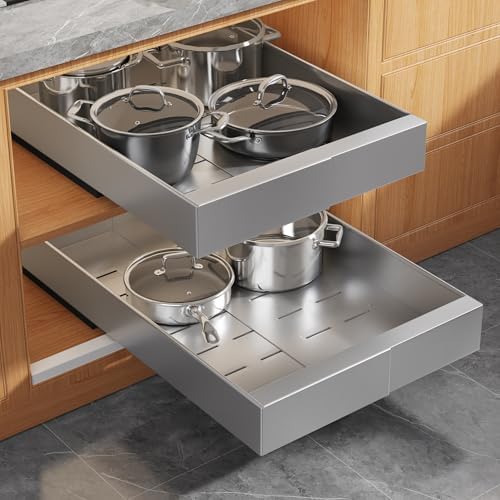 Seinloes 2 Pack Expandable Pull Out Cabinet Organizer 21" Deep with Raising Pad for Framed Cabinets,Upgrade 3 Slide Rails Slide Out Drawers,Roll Out Shelves Adhesive,Adjustable Width 9"-14.1" Silver by Seinloes