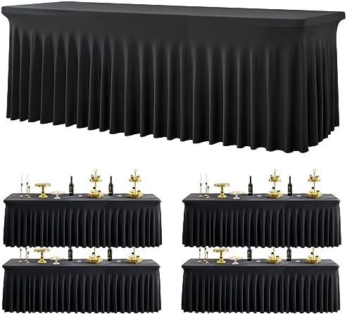 4 Pack Black Spandex Tablecloths for 8 Foot Rectangle Tables, Wrinkle Free Stretchy Table Cloth 8ft Fitted Tablecover Skirt for Parties Weddings Birthday Banquet Baby Shower by Htper