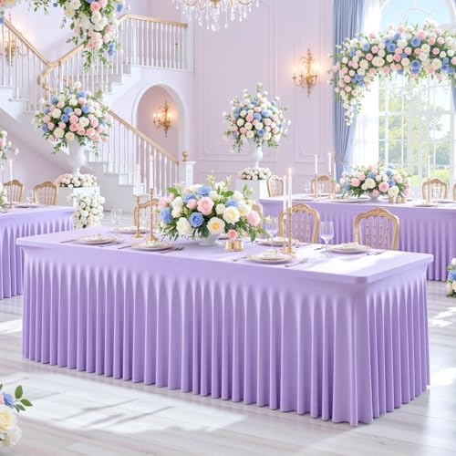 Suppromo 4 Pack 6ft Lavender Spandex Table Cloths for Rectangle Tables Wrinkle Free Light Purple Rectangle Tablecloths Stretch Fitted Table Cover for Birthday Party Wedding Banquet Baby Shower Buffet - Image 4