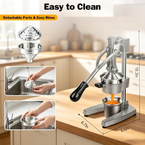 Cast Iron Orange Juicer Squeezer Hand Press Heavy Duty Countertop Squeezer Manual Citrus Juicer with Stainless Steel Cup for juicing oranges, lemons, pomegranates, limes, citrus, etc（silvery） - Image 4