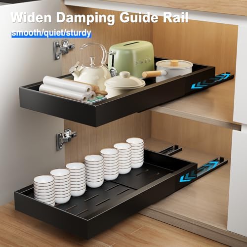 Mustorn 2 Pack Pull Out Cabinet Organizer,21.8" Deep Slide Out Drawer for Cabinets Adhesive Pull Out Drawers Heavy Duty Pull Out Shelves for Kitchen,Cupboard,Pantry,Bathroom-Black - Image 2