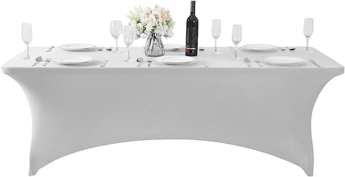 MDS® Pack of 2 Spandex Tablecloth 8FT Tight Fitted Stretch Table Cover – Washable Wrinkle-Free Reusable Elastic Patio Tablecloth for Wedding, Party, Banquet, Trade Show, Event Décor - Light Grey - Image 3