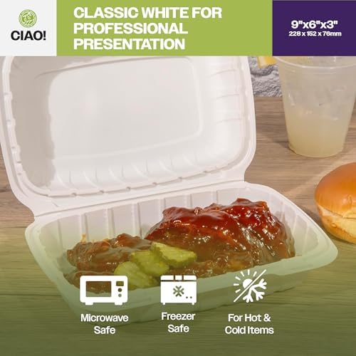 CIAO! 9"x6"x3" MFPP White Hinged Container With Lid 1 Compartment (Case of 200) - Image 6