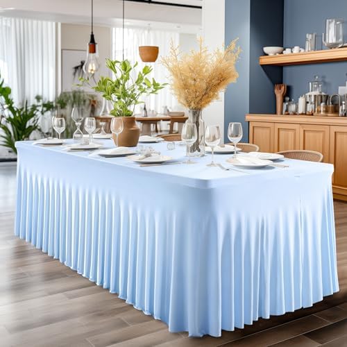 Wish Care 2 Pack Baby Blue Stretch Spandex Table Clothes for 4 Foot Rectangle Tables, 4FT Wrinkle Free Fitted Tablecloths Ruffles Design Table Cover for Party, Banquet, Wedding and Events - Image 6