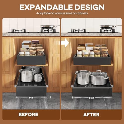 Seinloes 2 Pack Expandable Pull Out Cabinet Organizer 21" Deep with Raising Pad for Framed Cabinets,Upgrade 3 Slide Rails Slide Out Drawers,Roll Out Shelves Adhesive,Adjustable Width 9"-14.1" Black - Image 3