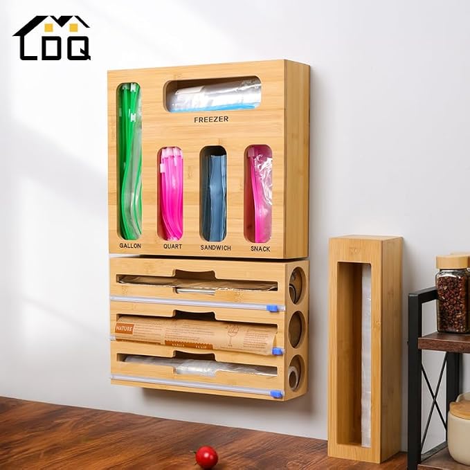 LDQ 9-in-1 Shatterproof Square Bamboo Storage Box - Aluminum Foil Dispensr with Cutter, Reusable Quarter Multi-Functional Sealed Bag Organizer for Kitchen Drawers, Walls, and Cabinetse - Image 2