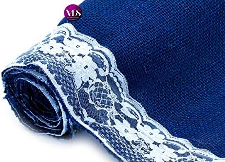 VDS Pack of 10, Burlap Table Runner with White Lace Edge, 100% Natural Jute Rustic Hessian Table Cloth Centerpiece for Wedding Birthday Party Banquet Table Decoration (Size 12X108 Inch)(Royal Blue) - Image 5