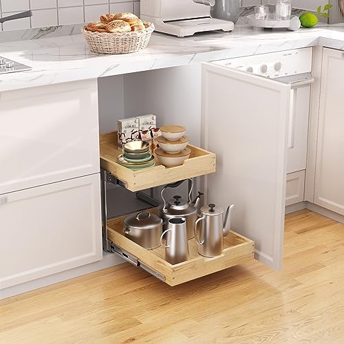Sikarou Wood Pull Out Cabinet Organizer 2 Tie 23" W x 21" D, Heavy-Duty Sliding Drawers for Inside Cabinets Storage and Organization for Kitchen, Pantry, Bathroom - Image 4