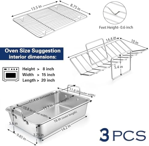 P&P CHEF 16" Roasting Pan with Racks, Stainless Steel Roaster Turkey Pan - Image 2
