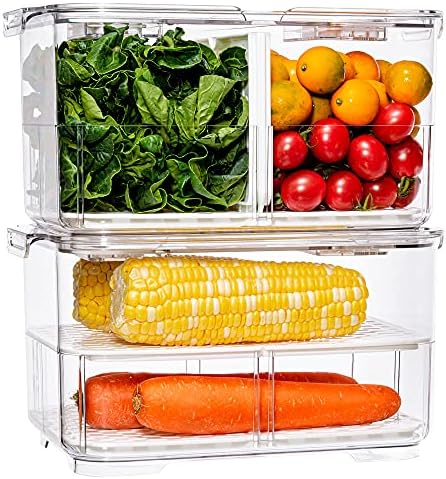 SANNO Fridge Food Storage Container Storage Containers, Produce Saver with Lids and Vents,Vegetable Fruit Storage Containers Stackable Salad Lettuce Keeper for Refrigerator，set of 2 by SANNO