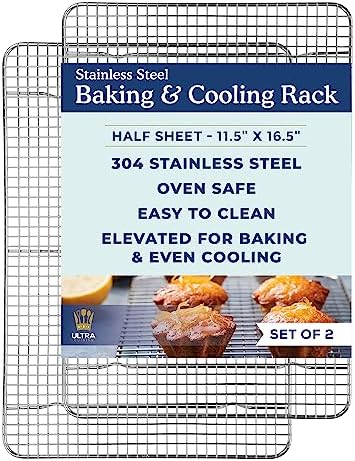 Ultra Cuisine Cooling and Baking Rack Set - Cooling Racks -11.5'' x16.5'' | 100% Stainless Steel, Oven-Safe, Dishwasher-Safe, Heavy Duty Tight-Wire, Set of 2, Half Sheet Pan Cooling Racks, Easy Clean by UltraCuisine