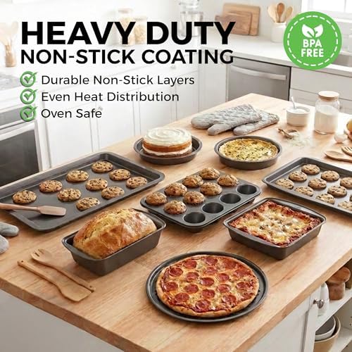 PERLLI Non-Stick 8-Piece Bakeware Set – Carbon Steel with Even Heat Distribution, Oven Safe to 446°F, BPA-Free, Dishwasher Safe, Stackable Baking Tools for Easy Storage and Everyday Cooking - Gray - Image 3