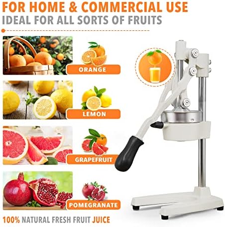 19 Inch Height Extra Tall Commercial Heavy Duty Cast Iron Hand Press Manual Orange Citrus Lemon Lime Grapefruit Pomegranate Fruit Juice Squeezer Machine with Stainless Steel Cup White - Image 4