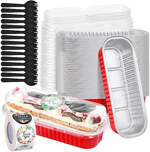 25Pack 6.8Oz Mini Cake Pans Disposable Mini Loaf Pans with Lids and Spoons and Stickers, Aluminum Pans for Baking Bread, Individual Dessert Cups for Sales,Party,Picnics,Celebration (Red) by ylnurac