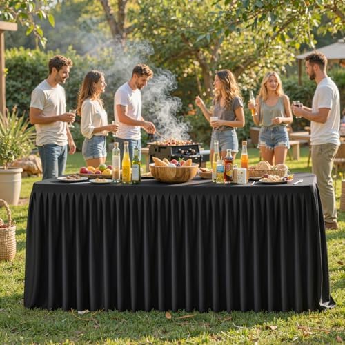 Black Polyester Table Cloths for Rectangle 4 Foot Tables, 2 Pack Wrinkle Free Tablecloths Stretchy Banquet Ruffle Fitted Table Cover Desk Skirt for Parties Wedding Birthday Baby Shower - Image 5