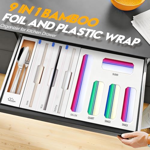 9 in 1 Foil and Plastic Wrap Dispenser with Cutter, White Bamboo Ziplock Bag Organizer for Drawer - Holds Gallon, Quart Bags & Aluminum Foil/Wax Paper, Wall Mountable Kitchen Storage - Image 3
