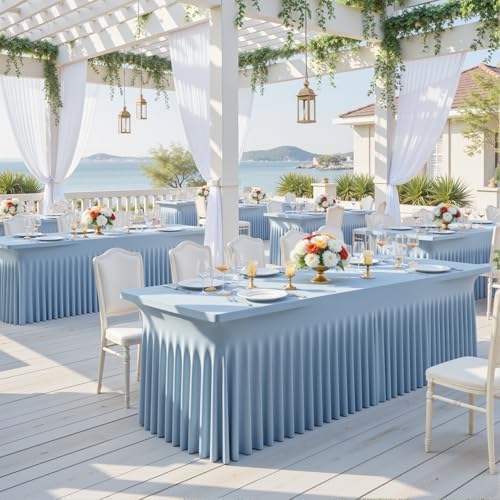 4 Pack Dusty Blue Spandex Fitted Tablecloths for 6 Foot Rectangle Tables, Dusty Blue Stretch Table Cloth with Table Skirt, Wrinkle Free Spandex Table Covers 6ft for Parties, Weddings, Trade Shows - Image 3