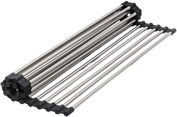 Strictly Sinks Stainless Steel Roll Up Dish Drying Rack – Silver 17 Inch Over The Sink Drying Rack Ideal for Workstation Sinks Only – Multipurpose Foldable Kitchen Dish Rack (17-3/8″ x 13″ x 3/8″) by SSTRICTLYKITCHENBATH