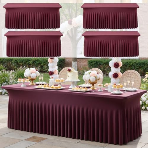 CO-AVE 4pk Burgundy Spandex Tablecloths 6ft for Rectangle Tables, Wrinkle Free Classy Table Skirt Stretchy Fitted Table Cloths Covers 6 Foot for Weddings Birthday Party Events Banquette Baby Shower by CO-AVE