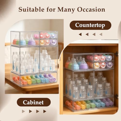 Baby Bottle Organizer 6 Pack Baby Bottle Storage Organizer Clear Bottles Station Acrylic Stackable Container Drawers Bins for Pacifiers,Nipples,Pump Parts for Countertop,Cabinet,Bathroom,Vanity - Image 5