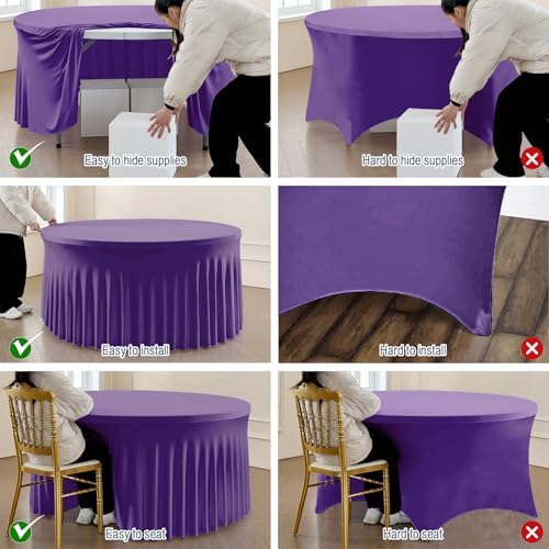 leegleri 6 Pack Spandex Purple Round Tablecloths for 60in Tables, Stretchy 120inch Fitted 5FT Round Table Cloths, Wrinkle Free Table Cover with Skirt for Wedding Birthday Party Bridal Shower Banquet - Image 3