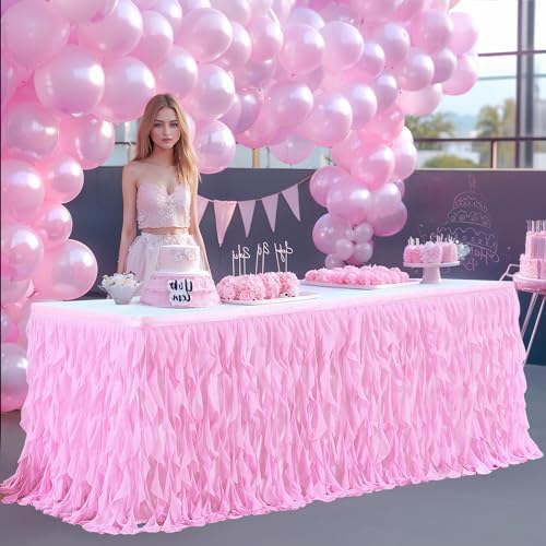 PARTISKY Pink Tulle Curly Willow Table Skirt for Rectangle Table 6ft, Ruffle Tutu Table Cloth for Girls Baby Shower,Birthday Party Candy Cake Tables by Partisky