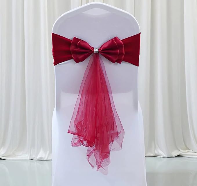 100Pcs Stretch Satin Chair Sashes Bows Chair Bands Decor for Hotel Wedding Reception Party Event Chair Cover Decoration Wine Red by SXXLDNG