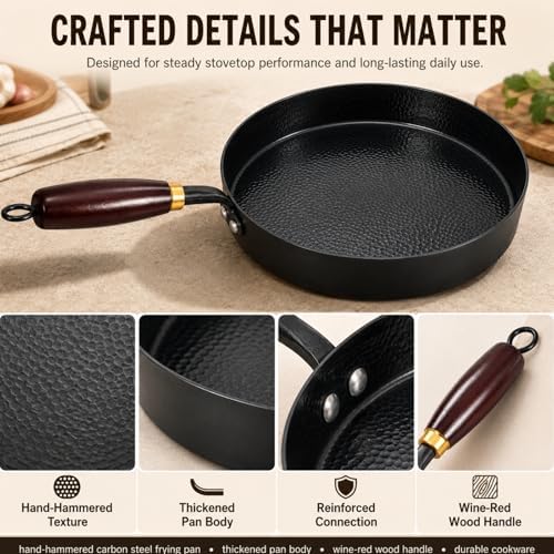 Calmabode 9.5” Hand-Hammered Carbon Steel Frying Pan for Quick Meals - Image 6