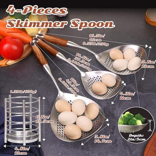 MARTE Skimmer Slotted Spoon Set of 4 - Kitchen Pasta Strainer Spoon - Spider Strainer Skimmer Ladle Spoon with Holder for Cooking and Frying Food, Spaghetti, Vegetable, Dumpling - 14.8In,16.5In,17In - Image 2