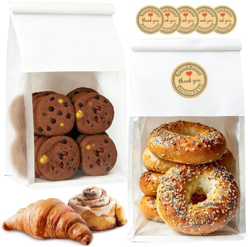 50 PCS White Bread Bags for Homemade Breads, 11x5.1x3.9 Inch Resealable Cookie Bags with Tin Tie Tab Lock, Paper Bakery Bag with Window for Packaging Bagels, Scone, Brownie, Baked Goods Storage by GOULIKFUL