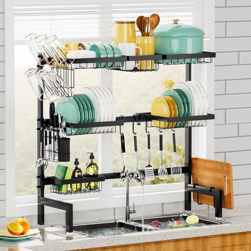 Over The Sink Dish Drying Rack,Expandable Length 3-Tier Large Stainless Steel Over The Sink Dish Rack with 6 Baskets, Utensil Holder Dish Drainers for Kitchen Counter by HOWDIA