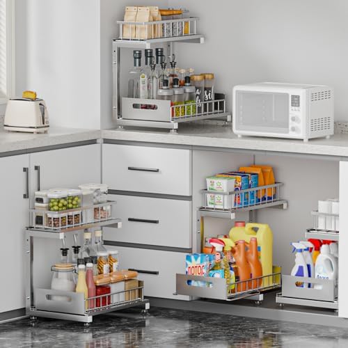 Saydear 2-Pack L-Shaped Under Sink Organizer, 2-Tier Pull-out Cabinet Rack - Image 3