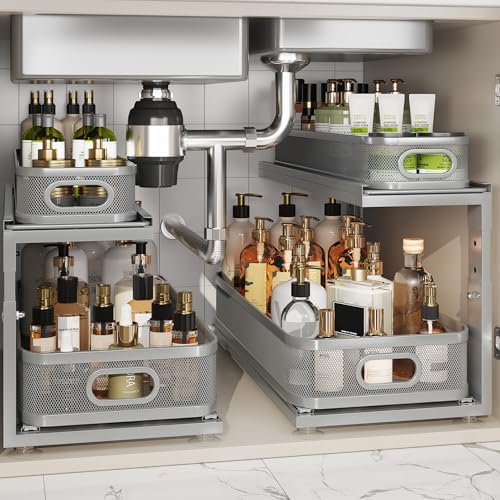 2 Pack 21IN-Depth Under Sink Organizer With Next-Gen Ball-Bearing Slides,2-Tier Precision Mesh Pull Out Cabinet Storage for Bathroom&Kitchen,Height Adjustable Drawers Shelf,Anti-rust-Grey by Corbyles