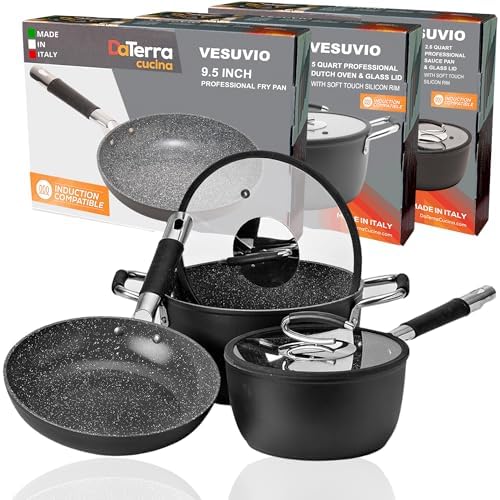 Nonstick Small Pasta Bundle – 2.6 Qt Saucepan with Lid, 9.5" Frying Pan, 5 Qt Dutch Oven with Lid – Induction Compatible, Oven Safe, Ceramic Nonstick, PTFE & PFOA Free Cookware Set – Made in Italy by DaTerraCucina