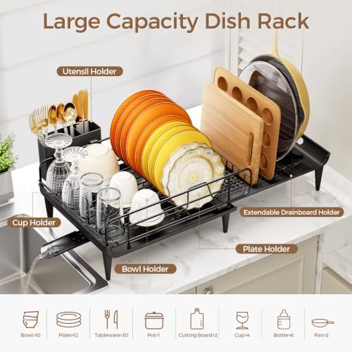 Extendable Dish Rack, Dish Drying Rack for Kitchen Counter, Foldable Dish Dryer Rack, Stainless Steel Dish Drainer Racks with Utensil Holder, Collapsible Dish Drying Racks Large Size,Black - Image 6