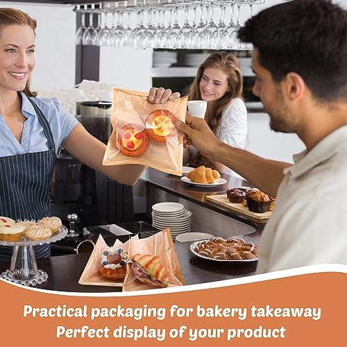 Yeaqee 600 Pcs Bakery Bags 7.1 x 7.5 Inches Heat Sealable Donut Bag with Window Paper Sandwich Bag Grease Resistant Cookie Packaging Kraft Sleeves for Pastries Snacks Egg Biscuits Treat - Image 3