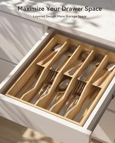 Utensil Drawer Organizer for Silverware,Bamboo 10 Slot - Image 7