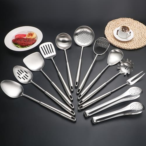 304 Stainlss Steel Kitchen Utensils Set, 12 Pcs Long Metal Cooking Utensil Gadgets Tools Set with Spatula, Ladle, Spoon, Ladle, Skimmer, Tunner, Pasta Server, Tongs(Silver, Dishwasher Safe) - Image 7