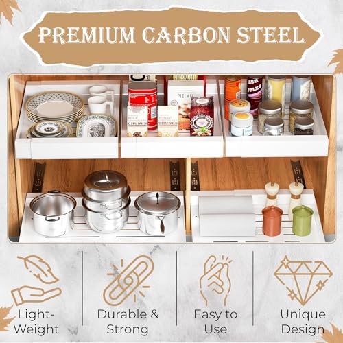 Pull Out Cabinet Organizer -Expandable – 12.56 x 18.89 Inch Pots And Pans Organizer Under Cabinet – Heavy Duty Carbon Steel Pull Out Drawers – Easy Installation No Screw Adjustable Cabinet Drawers - Image 3